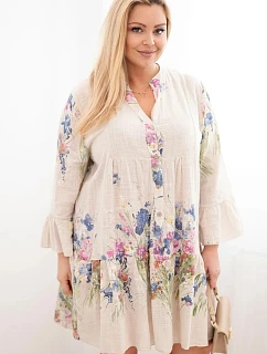 Dámske Plus veľkosť bavlnené šaty s výstrihom do V s gombíkmi a kvetinovým vzorom béžová