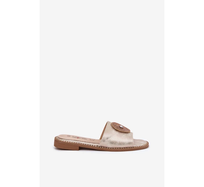 Klapki Damskie Na Płaskim Obcasie Z Ozdobą S.Barski KV51-013 Złote Klapki Damskie Na Płaskim Obcasie Z Ozdobą S.Barski KV51-013 Złote