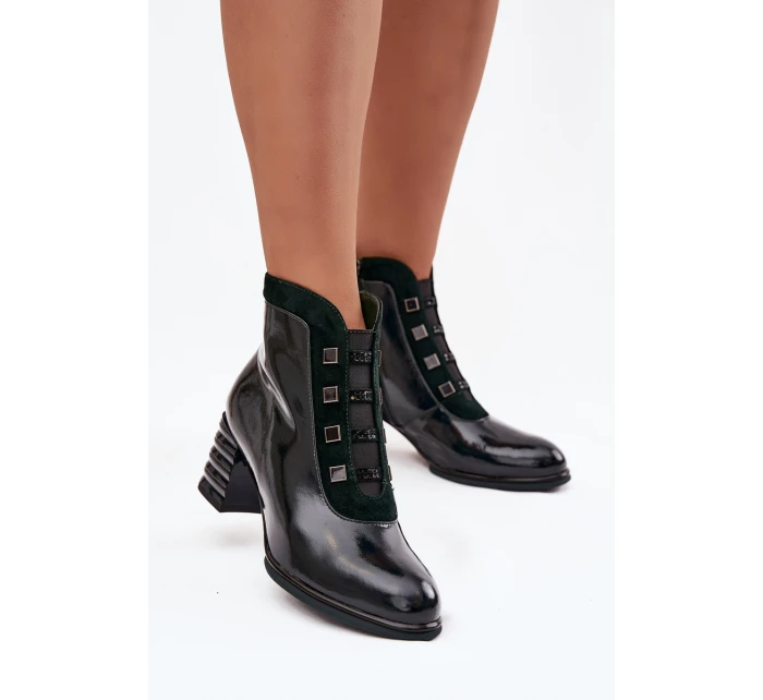 Lakované dámské kotníkové boty z přírodní kůže na podpatku model 21713856 tmavě zelené - D&A