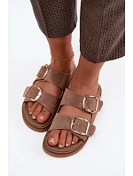 Dámské nazouváky z imitace semiše se zlatými přezkami Khaki Averia