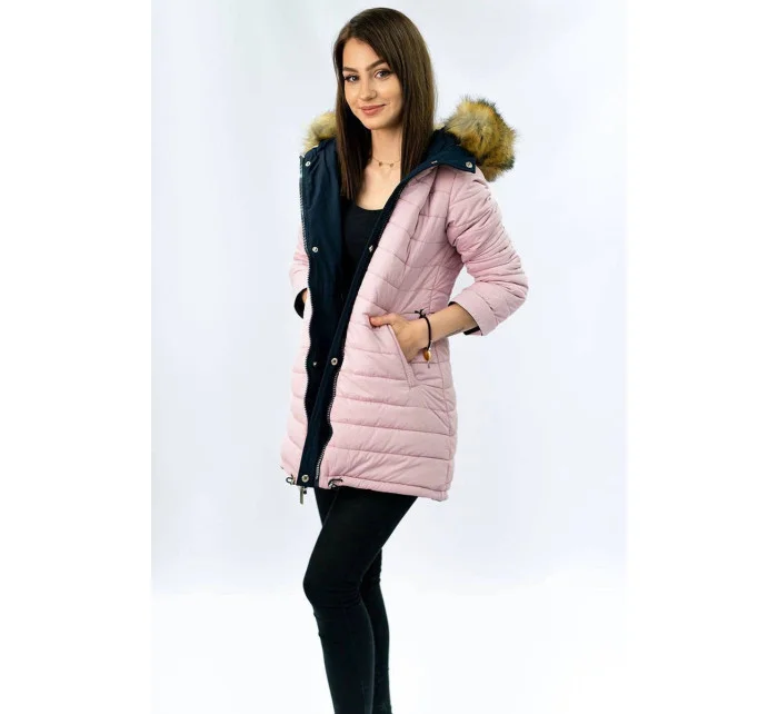 Tmavomodrá a ružová obojstranná dámska zimná bunda s kapucňou (w213) Tmavomodrá a ružová obojstranná dámska zimná bunda s kapucňou (w213)