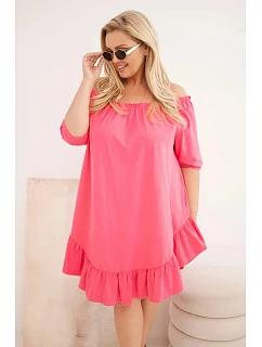 Dámske plus size bavlnené šaty s volánom ružové