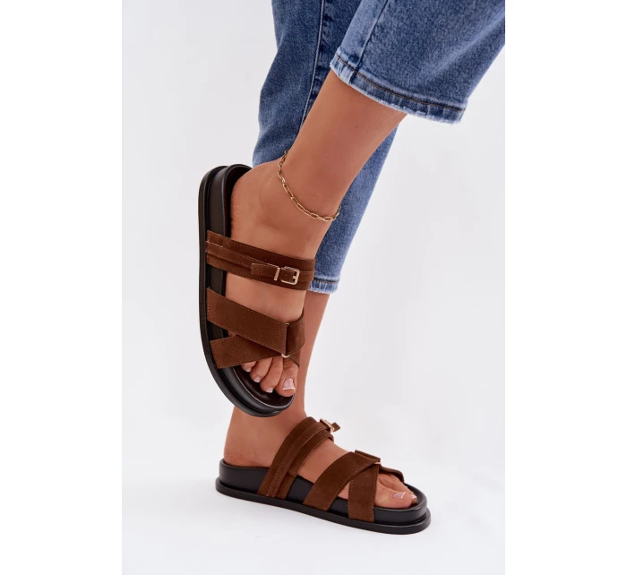 Dámské pantofle s pásky a zlatým sponou Hnědé Selorina