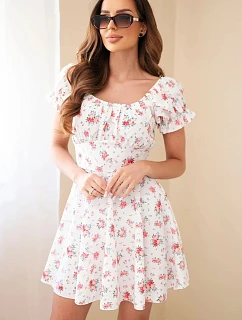 Dámske kvetinové šaty s nadýchanými rukávmi a elastickým pásom biele