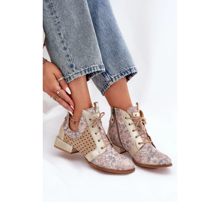 Skórzane Botki Trzewiki Maciejka 05541-04 Beżowo-Złote