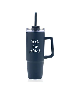 TEXT NA PŘÁNÍ - tmavě modrý cestovní termohrnek s průhledným víčkem 900 ml