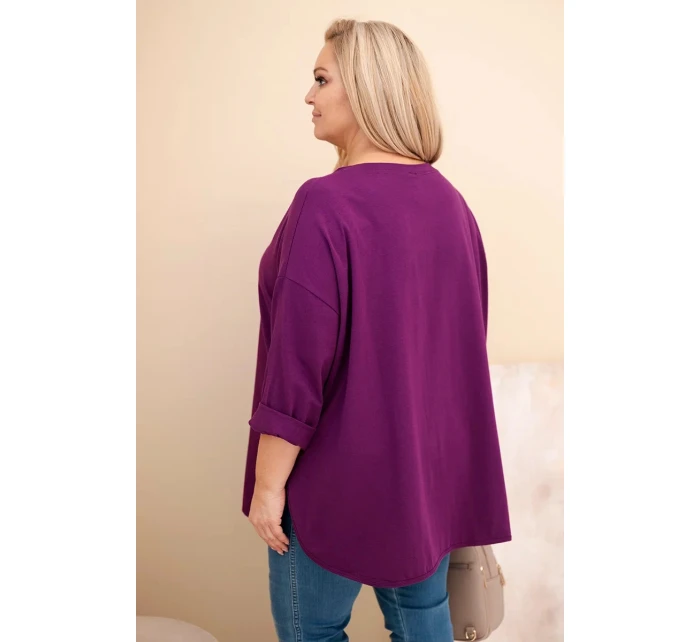 Dámská blůza Plus Size s bavlnou, s kapsou a ohrnutým rukávem tmavě fialová Dámská blůza Plus Size s bavlnou, s kapsou a ohrnutým rukávem tmavě fialová