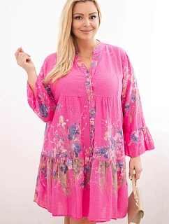 Dámske Plus veľkosť bavlnené šaty s výstrihom do V s gombíkmi kvetinový vzor fuchsiová