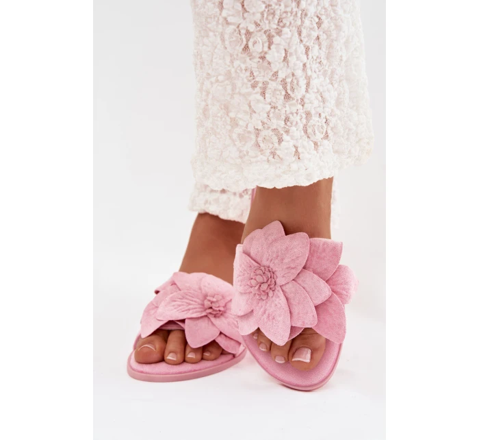 Dámské ploché pantofle s ozdobnými květinami Růžové Elzoria
