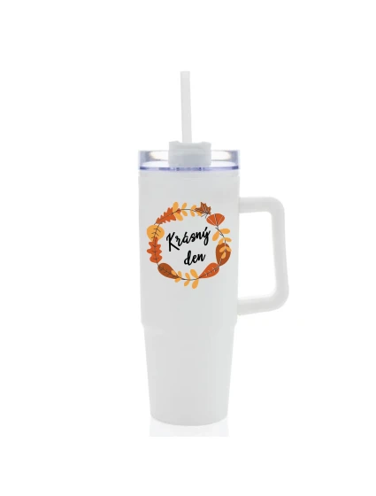 KRÁSNÝ DEN (PODZIM) - bílý cestovní termohrnek s průhledným víčkem 900 ml