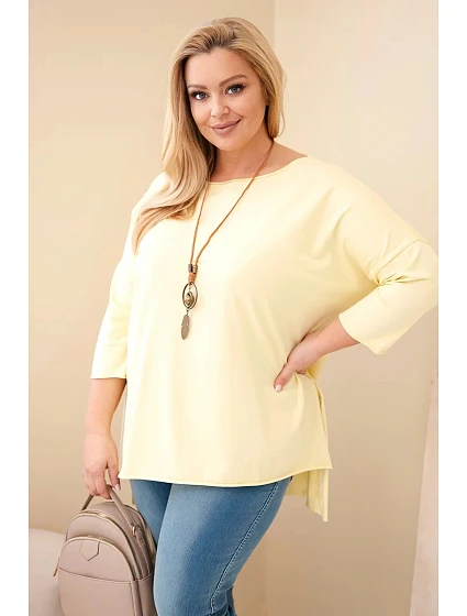 Dámská bavlněná halenka plus size asymetrická s náhrdelníkem žlutá meruňková