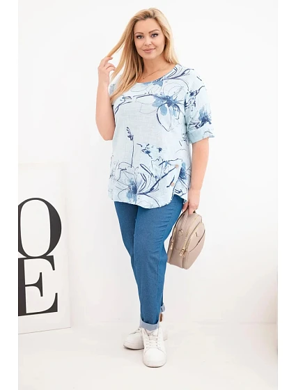 Dámská bavlněná halenka Plus Size s krátkým rukávem a kapsou modrá