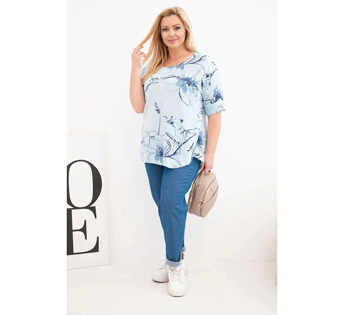 Dámske bavlnené Plus veľkosť blúzka s krátkymi rukávmi a vreckom modrá