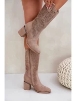 Dámske perforované čižmy do polovice lýtok v kovbojskom štýle S.Barski - béžové, ekokoža