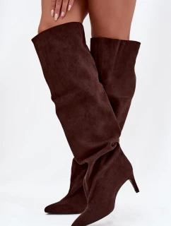 Dámske čižmy na podpätku, slip-on Mavilla - čokoláda