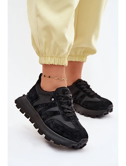 Kožené semišové dámské tenisky na platformě model 22133381 Černé - VINCEZA