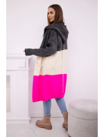 Pruhovaný svetr s kapucí grafit + béžová + růžová neonová