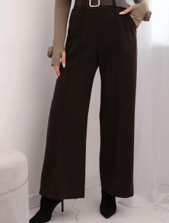 Dámske elegantné nohavice s opaskom a širokými nohavicami hnedej farby