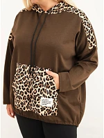 Dámska mikina Plus Size z viskózy s kapucňou a leopardovými vsadkami, hnedá Dámska mikina Plus Size z viskózy s kapucňou a leopardovými vsadkami, hnedá