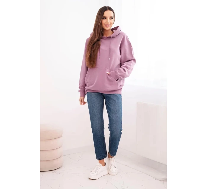 Dámska mikina s kapucňou a klokaním vreckom z pletenej bavlny tmavoružovej farby