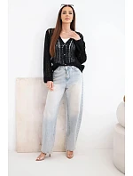 Dámsky bavlnený a čipkovaný sveter s výstrihom do V čierny