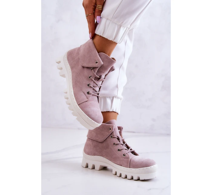 Zamszowe Botki Trapery Wiązane Jasnofioletowe Dalles
