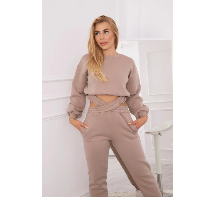 Zateplená souprava s krátkou mikinou tmavě béžová