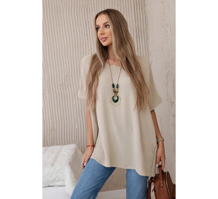 Blúzka nadrozmernej veľkosti s príveskom tmavo béžová Blúzka nadrozmernej veľkosti s príveskom tmavo béžová