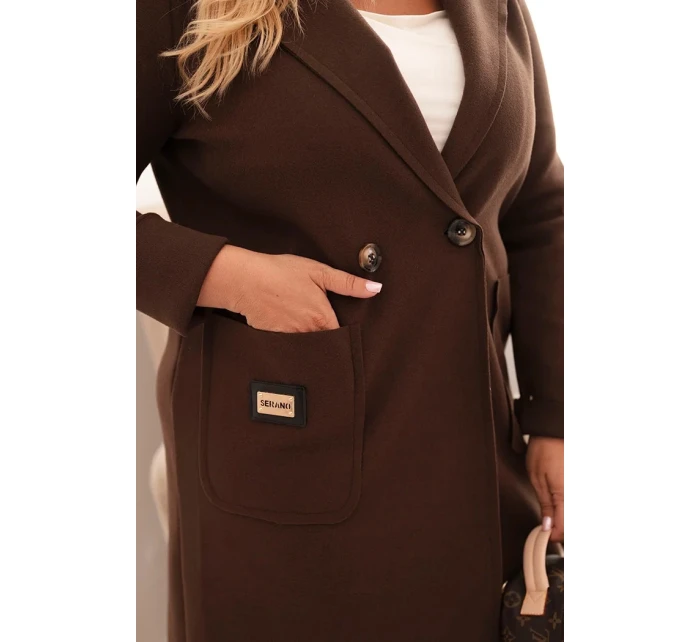 Dámske elegantné Plus veľkosť kabát s golierom a veľké vrecká Brown Dámske elegantné Plus veľkosť kabát s golierom a veľké vrecká Brown