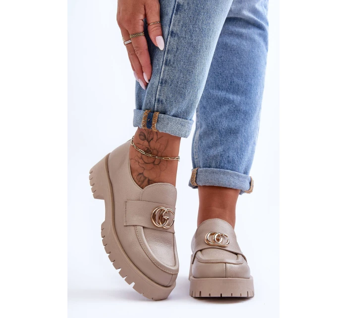 Damskie Półbuty Skórzane Z Ozdobą Beżowe Rosefalls