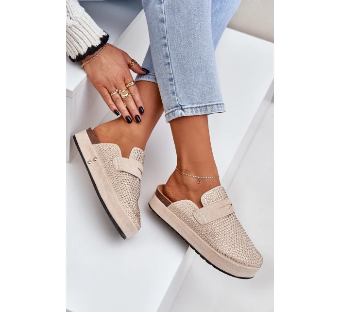 Klapki Damskie Zdobione Cyrkoniami Na Platformie Beżowe Deorani