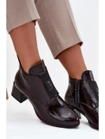 Skórzane Lakierowane Botki Na Klocku Z Ozdobnym Detalem Ocieplane Zazoo 60560 Bordowe