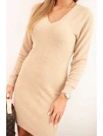 Dámske tmavobéžové svetrové šaty s výstrihom do V z alpaky