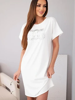 Dámské šaty z viskózy s krátkým rukávem a ozdobným potiskem ecru