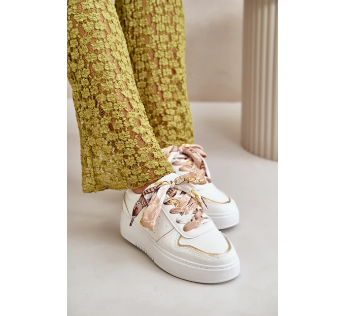 Sneakersy Damskie Na Platformie Z Ozdobnym Sznurowaniem Białe Mistra