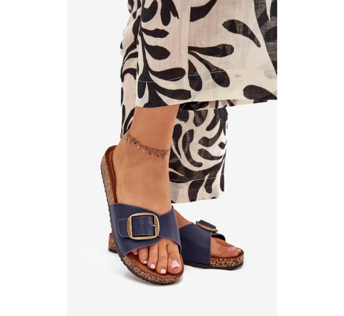 Klapki Damskie Na Korkowej Platformie Z Klamrą Granatowe Vianara Klapki Damskie Na Korkowej Platformie Z Klamrą Granatowe Vianara