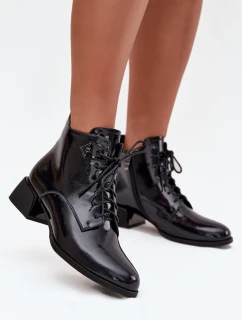 Skórzane Lakierowane Botki Damskie Na Klocku Artiker 57C1117 Czarne