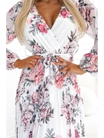 Bílé dámské plisované midi šaty s výstřihem, dlouhými rukávy, páskem a se vzorem růží model 21883690 - numoco basic