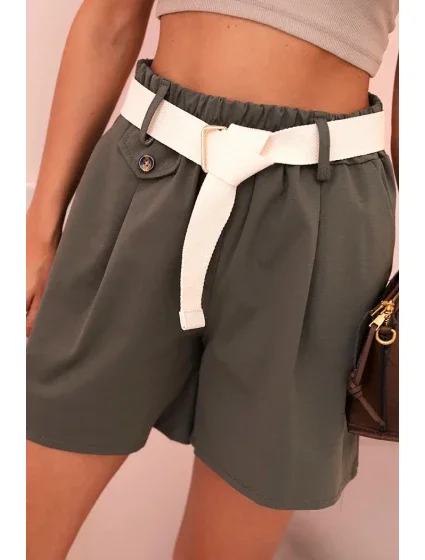 Dámske šortky s vysokým pásom a opaskom khaki
