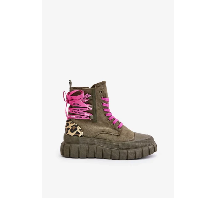 Dámske členkové topánky na platforme s ozdobným čipkovaným leopardím vzorom zelené Edidda Dámske členkové topánky na platforme s ozdobným čipkovaným leopardím vzorom zelené Edidda