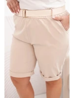 Dámske Plus veľkosť bavlnené šortky s opaskom svetlo béžová