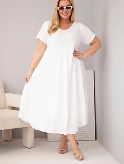 Dámske plus size šaty s krátkymi rukávmi a volánom z ľahkej viskózy bielej farby