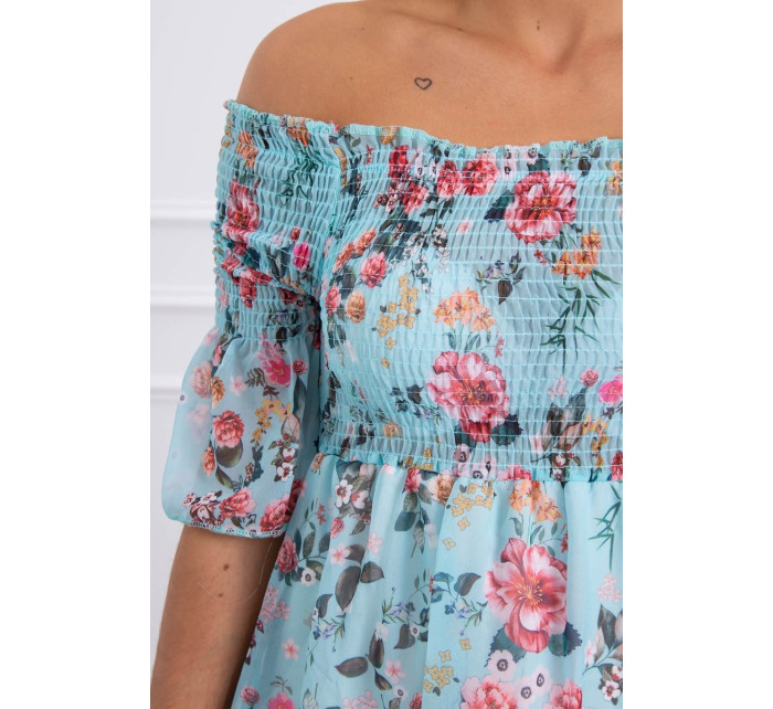 Šaty na ramená s mätovým kvetinovým vzorom