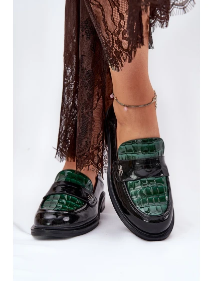 Lakierowane Skórzane Mokasyny Damskie Vinceza 91125 Zielono-Czarne