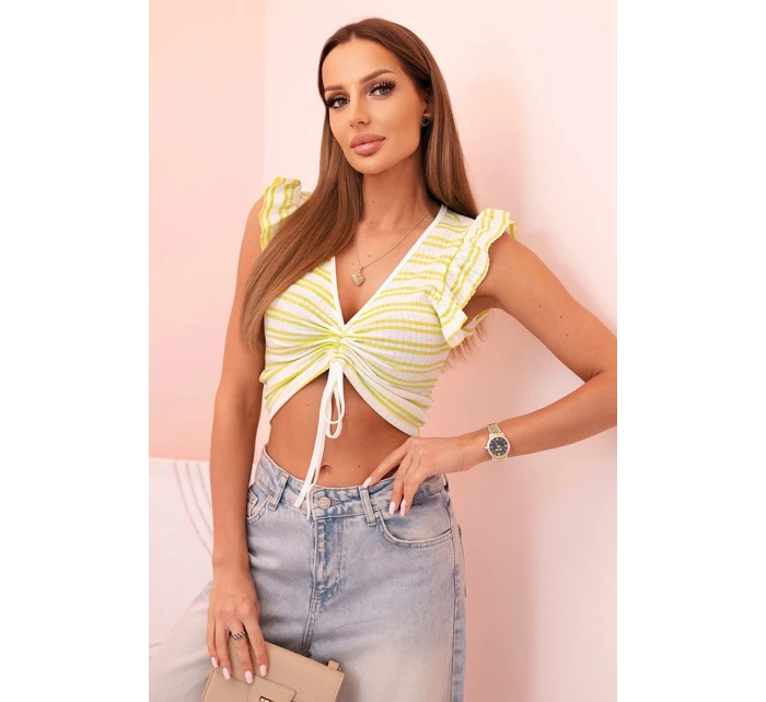 Dámská pruhovaná blůza s nařasením a volánkem zelená