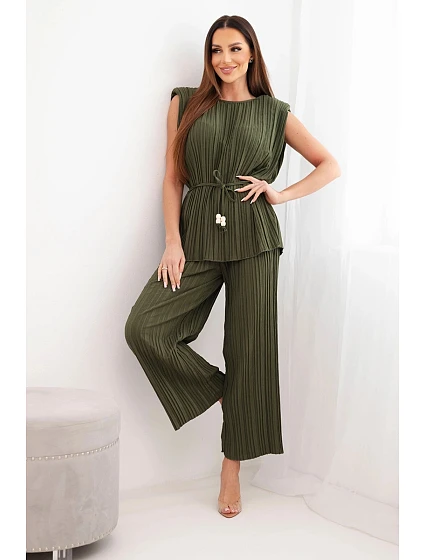 Dámský viskózový komplet s halenkou a širokými kalhotami khaki model 22048843 - K-Fashion