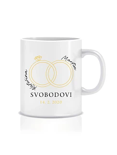 Personalizovaný klasický biely keramický hrnček s objemom 300 ml s prstienkami a menami