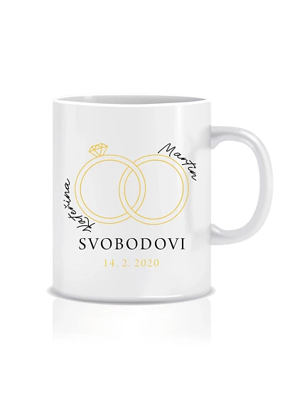Personalizovaný klasický biely keramický hrnček s objemom 300 ml s prstienkami a menami Personalizovaný klasický biely keramický hrnček s objemom 300 ml s prstienkami a menami