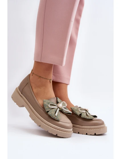 Damskie Skórzane Mokasyny Z Kokardą Laura Messi 2787 Beżowe