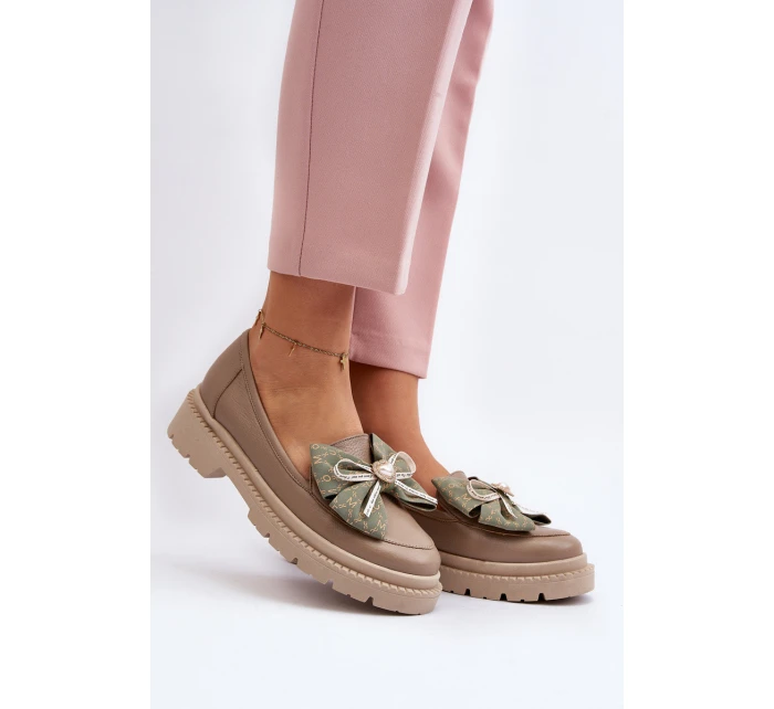 Damskie Skórzane Mokasyny Z Kokardą Laura Messi 2787 Beżowe